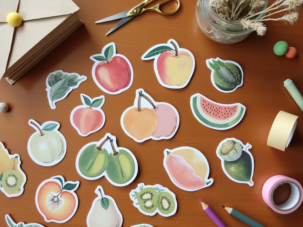 Scattered fruit stickers in vintage and minimalist styles on a wooden desk with craft supplies.