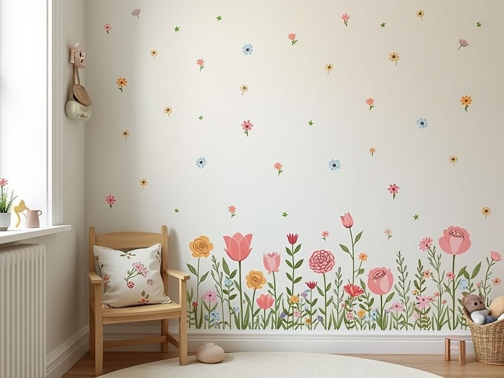 Kids' room with a floral-themed wall mural, pink and colorful flowers, and a cozy chair.
