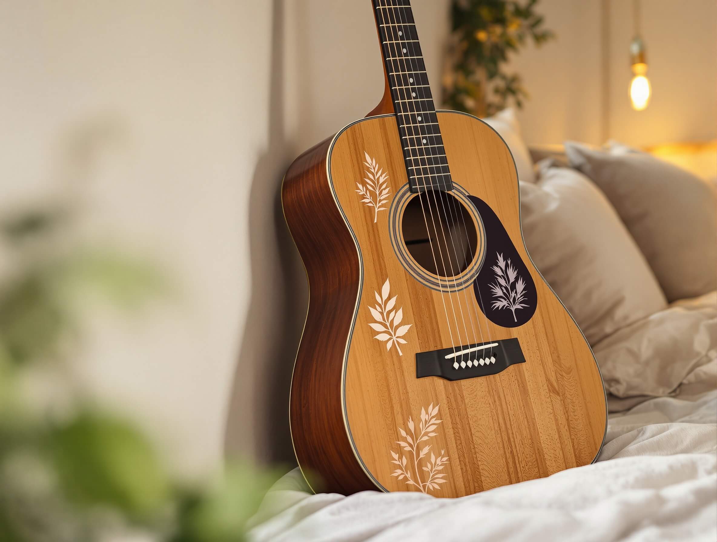 An acoustic guitar with leaf-patterned stickers on the panel, resting on a cozy bed in a softly lit room.