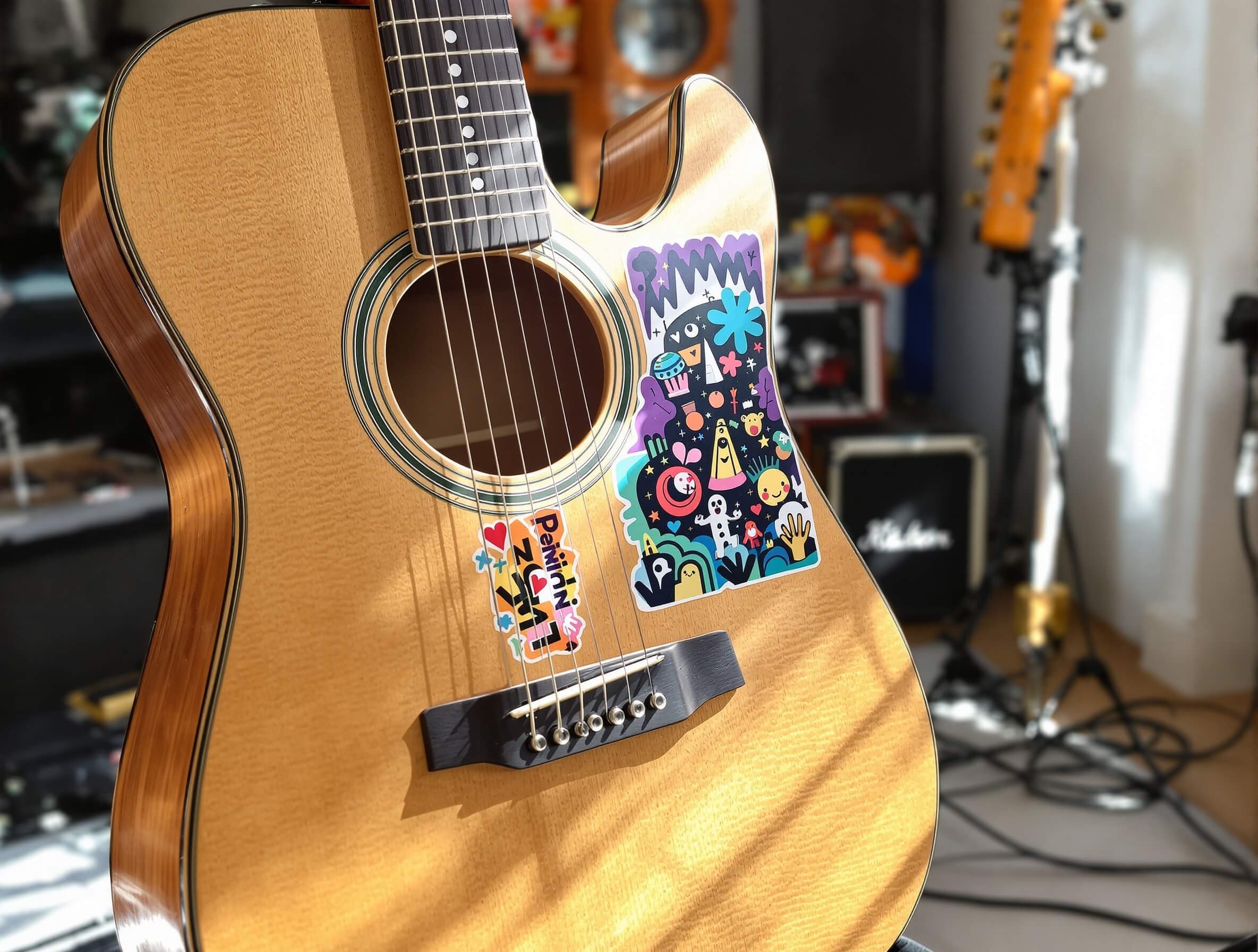 An acoustic guitar with colorful, playful stickers on the body, placed in a bright music practice room.