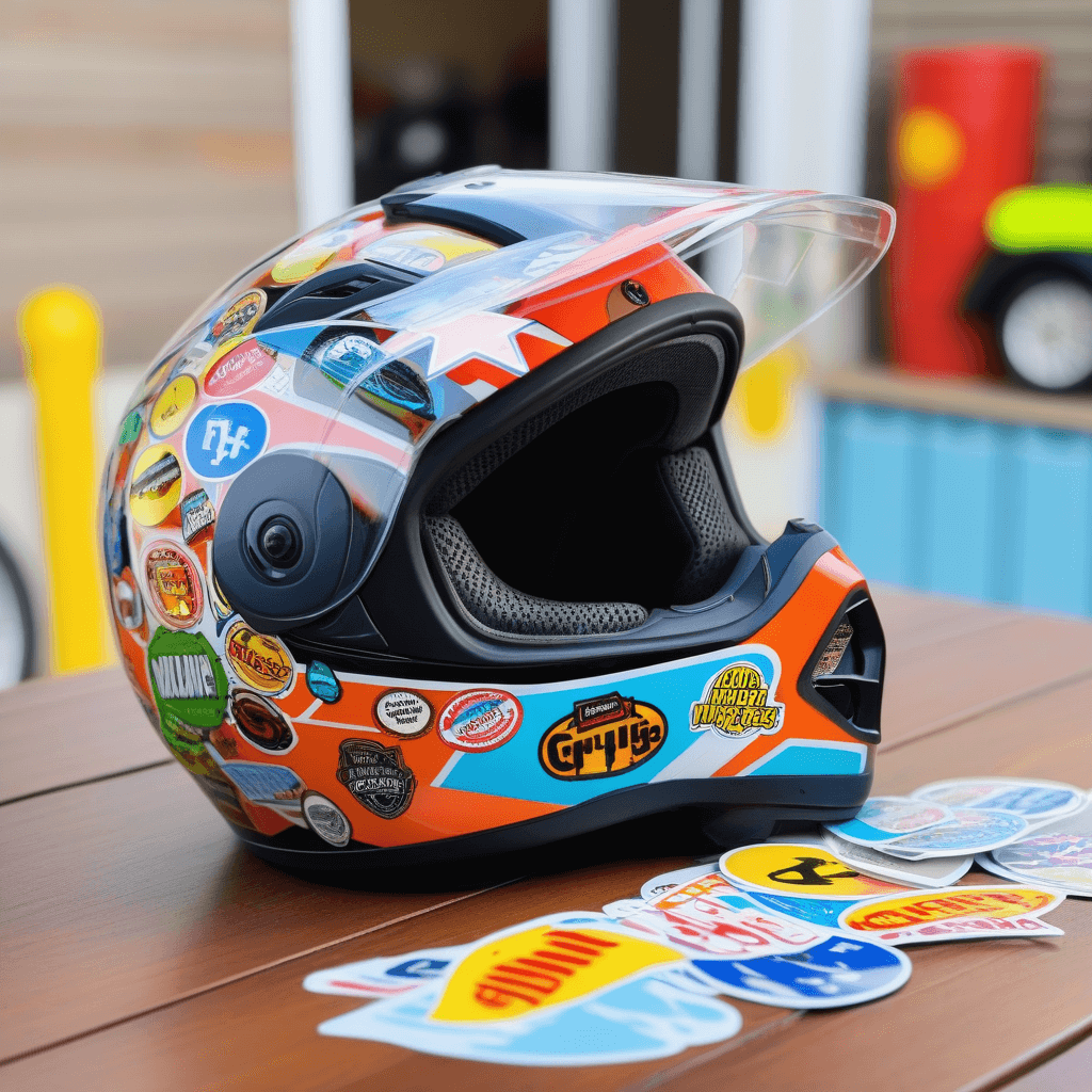 A motorcycle helmet covered in colorful stickers, placed on a table with extra stickers nearby.