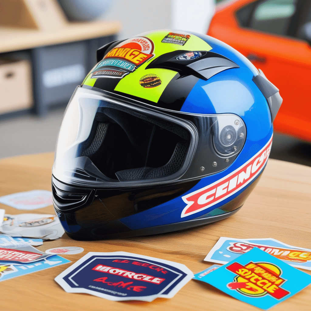 A blue motorcycle helmet with colorful stickers, placed on a table with additional stickers around it.