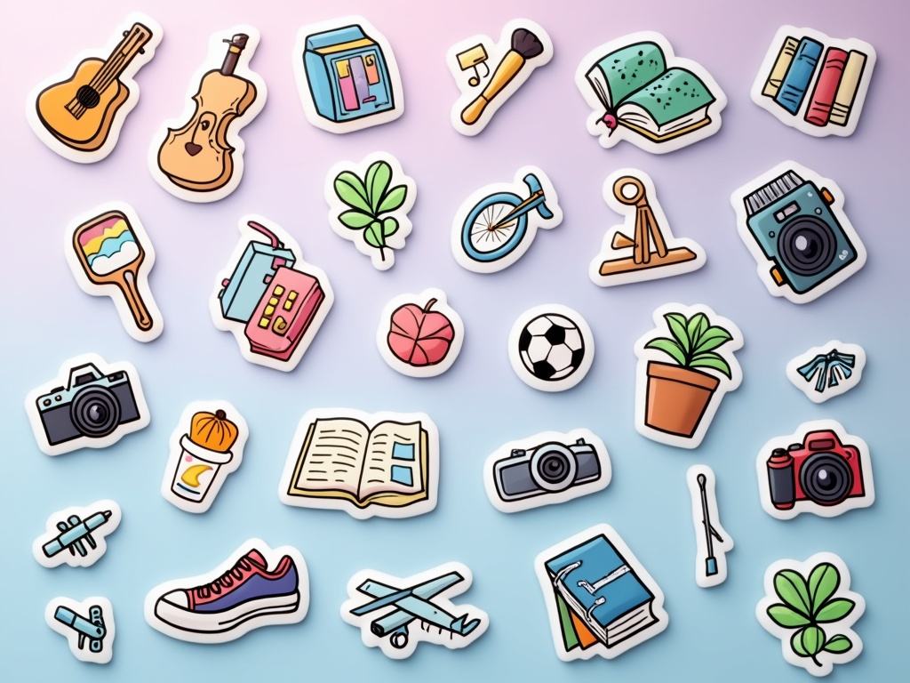 Various hobby-themed stickers, including musical instruments, books, plants, and cameras, on a pastel gradient background.