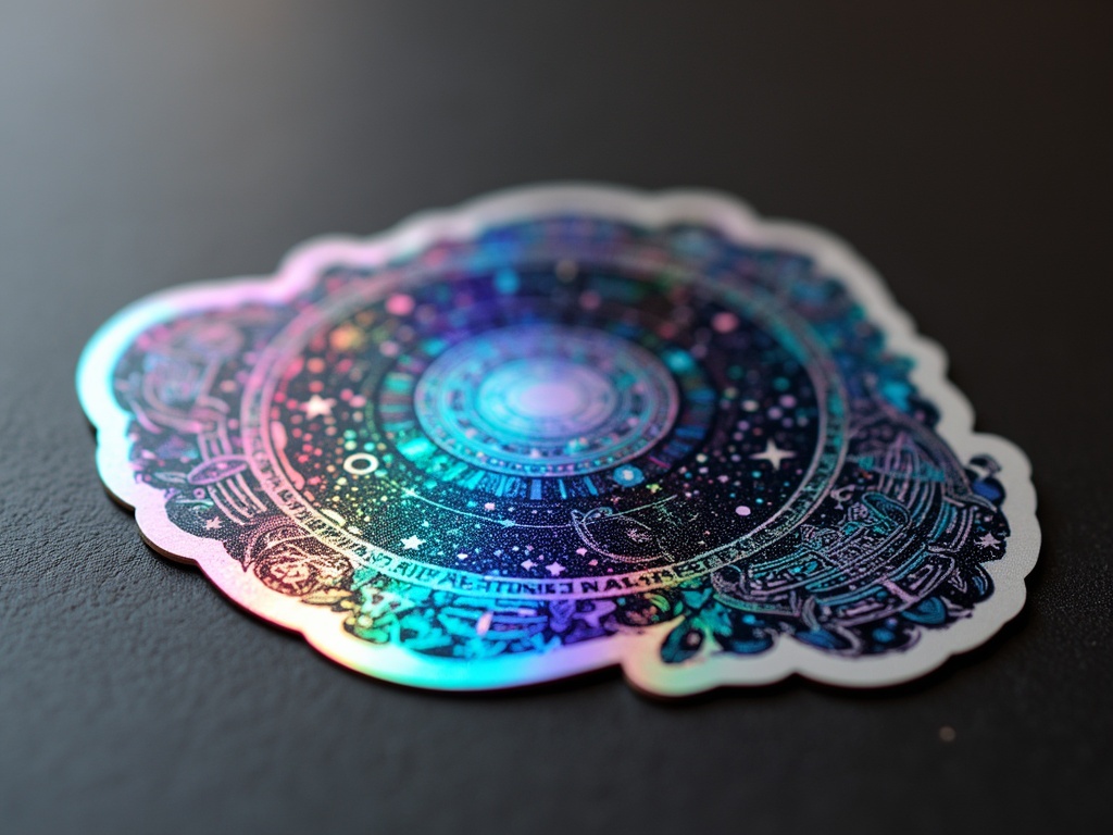 A holographic galaxy-themed sticker with shimmering rainbow colors on a black surface.