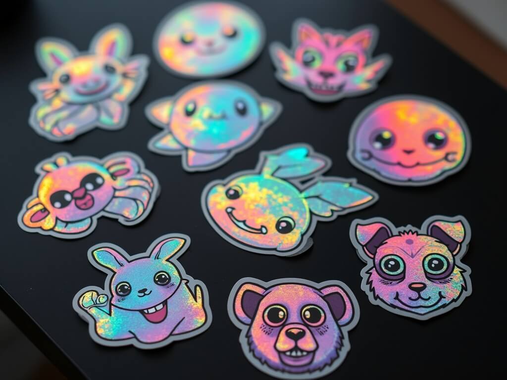 Holographic animal stickers on a black surface.