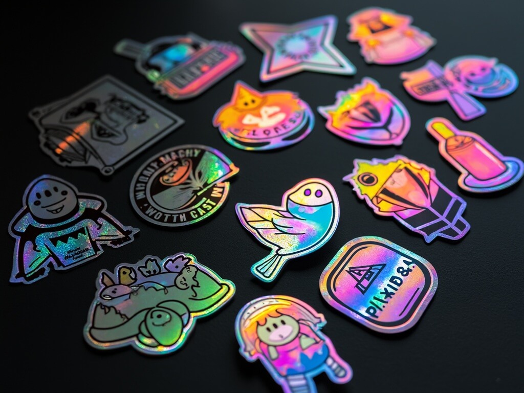 Holographic stickers with colorful designs on a black surface.