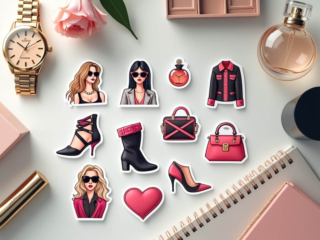 Fashion stickers on a desk with a gold watch, perfume, and pink accessories.