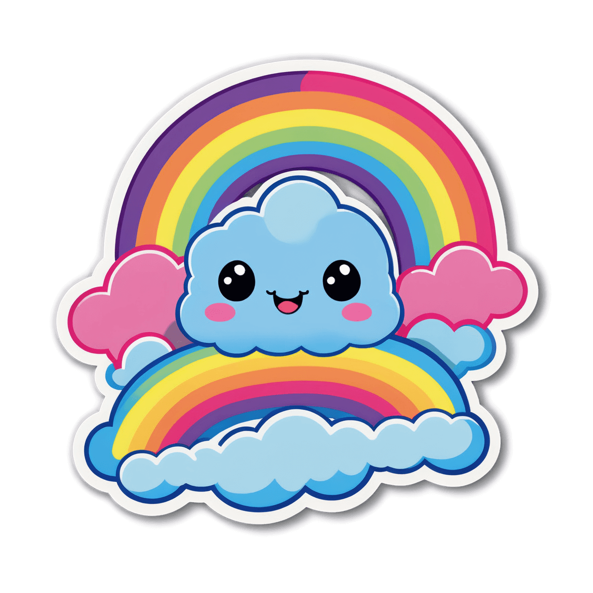 Cartoon-style kawaii cloud with a smiling face, surrounded by rainbows and pink fluffy clouds.
