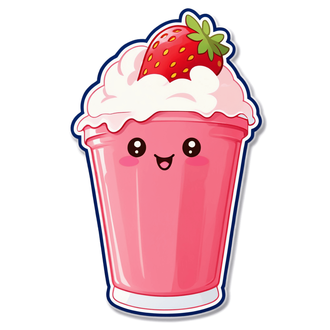 Cartoon-style kawaii strawberry milkshake with a smiling face, whipped cream, and a strawberry on top.