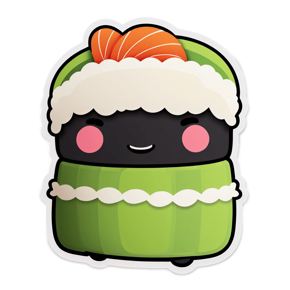 Cartoon-style kawaii sushi character with a green wrap, smiling face, and salmon topping.