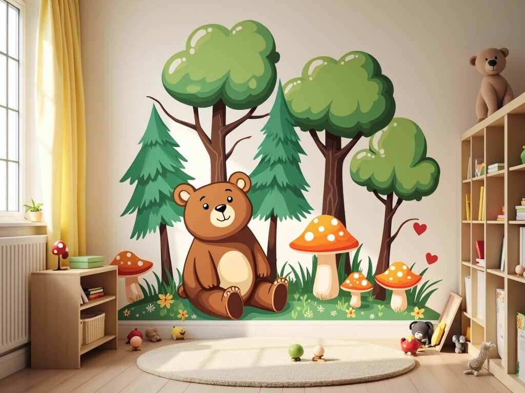 Kids' room with a bear and forest-themed wall mural, mushrooms, and playful decor.