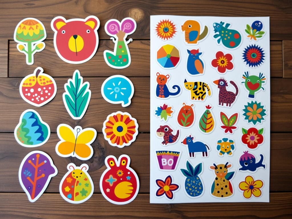 Colorful die-cut stickers on the left and a kiss-cut sticker sheet on the right, displayed on a wooden tabletop.