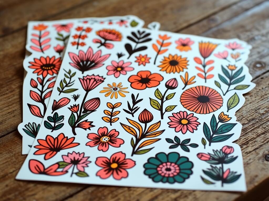 Floral-themed kiss-cut sticker sheets with colorful designs displayed on a wooden tabletop.