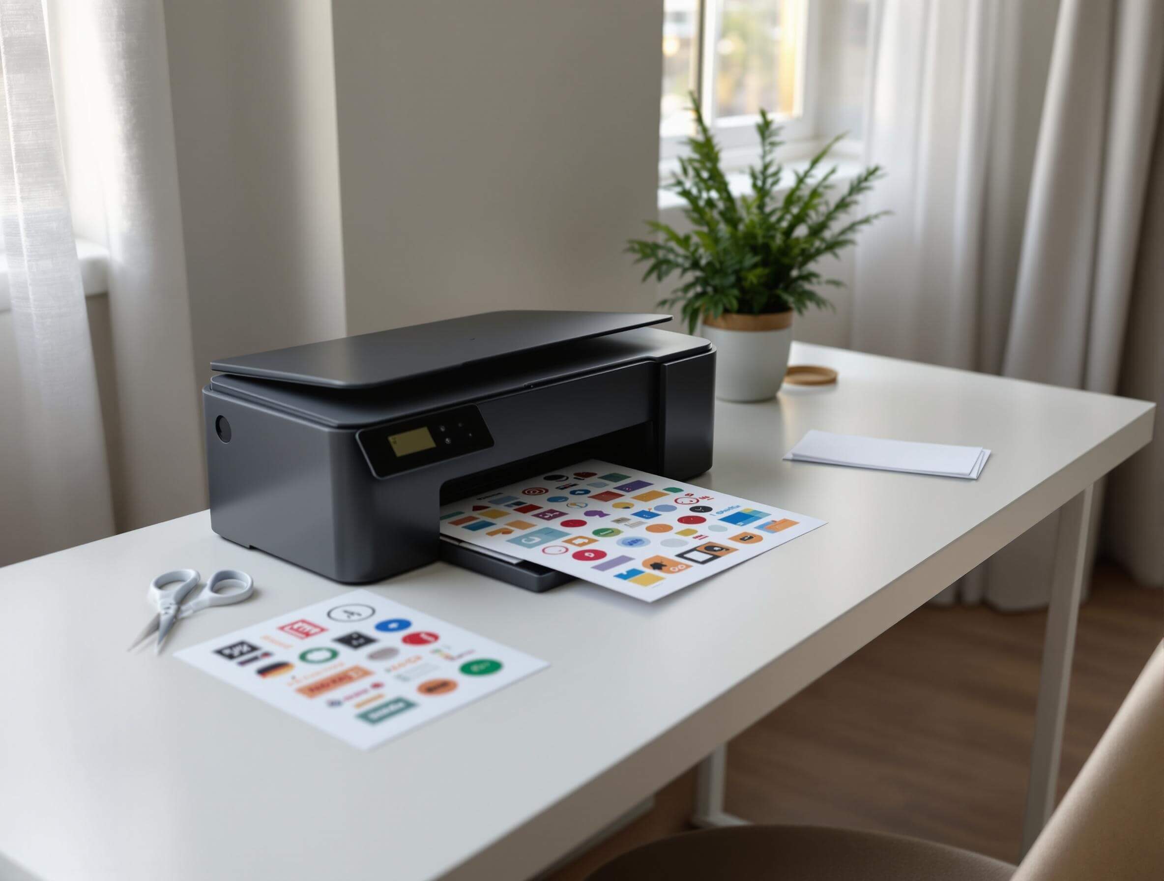 Home printer on a desk with printed vinyl sticker sheets, scissors, and a potted plant.