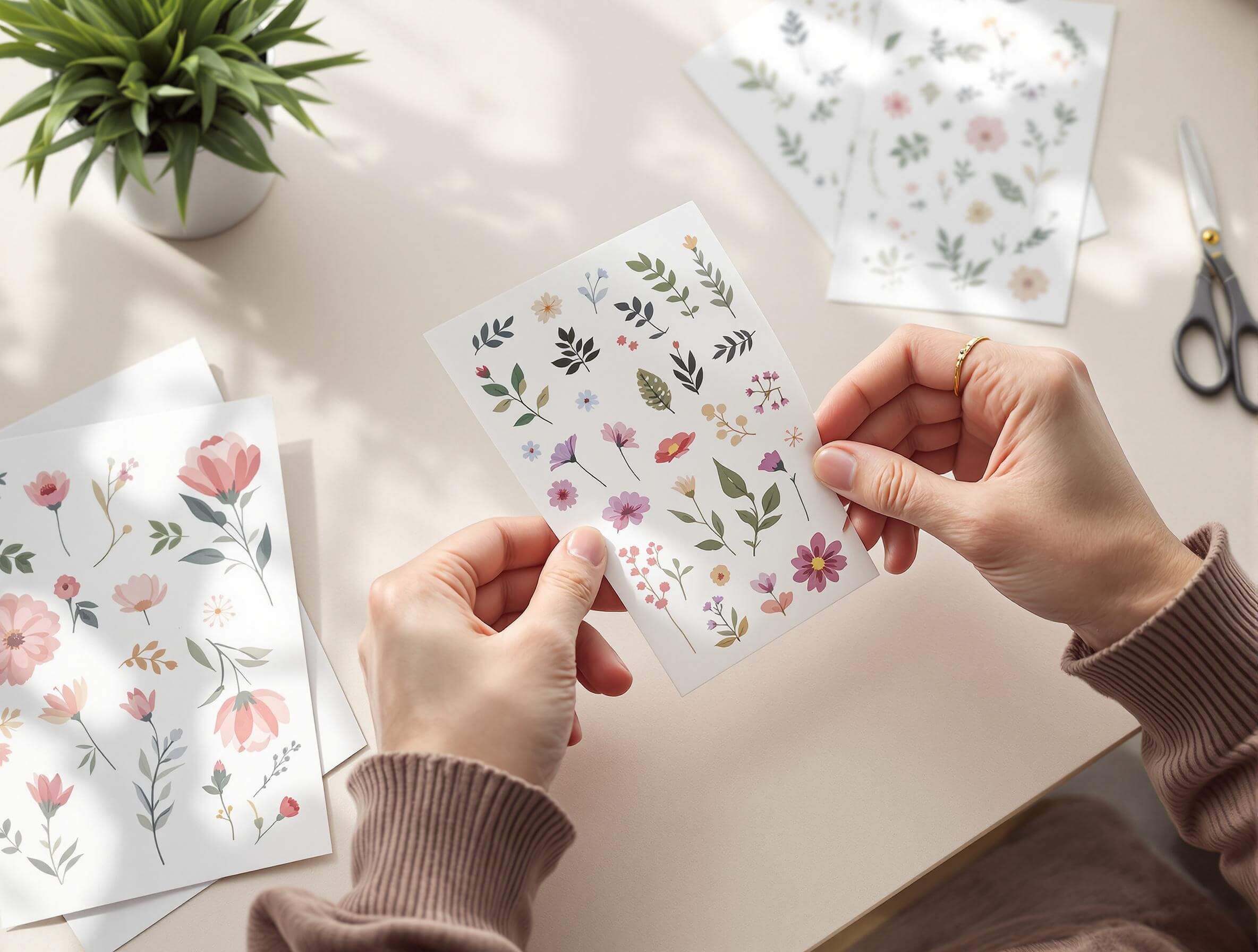 Hands holding a floral vinyl sticker sheet on a minimal desk with scissors and plants.