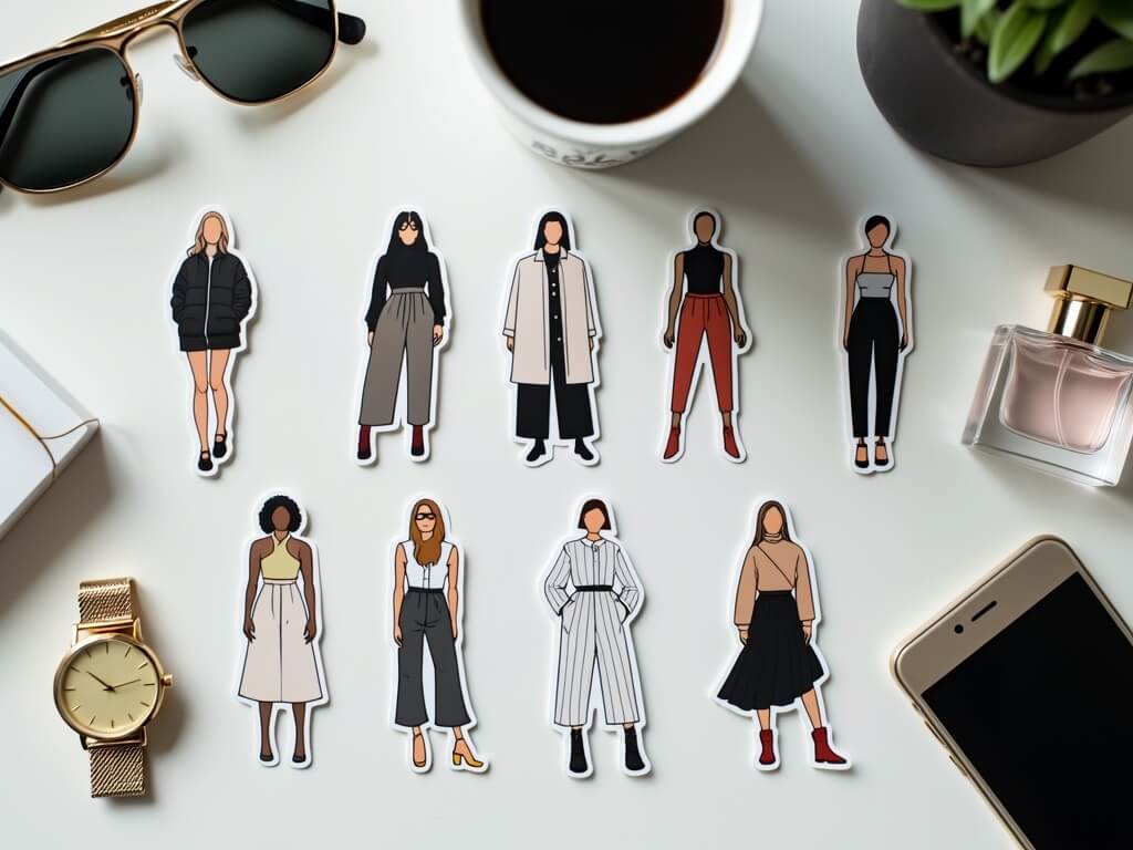 Minimalist fashion stickers on a desk with sunglasses, watch, perfume, and coffee.
