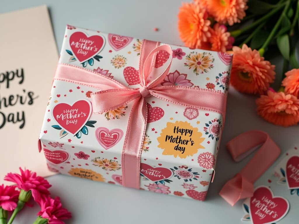 Mother's Day gift box with floral wrapping, pink ribbon, and heart-shaped stickers, surrounded by flowers and ribbons.
