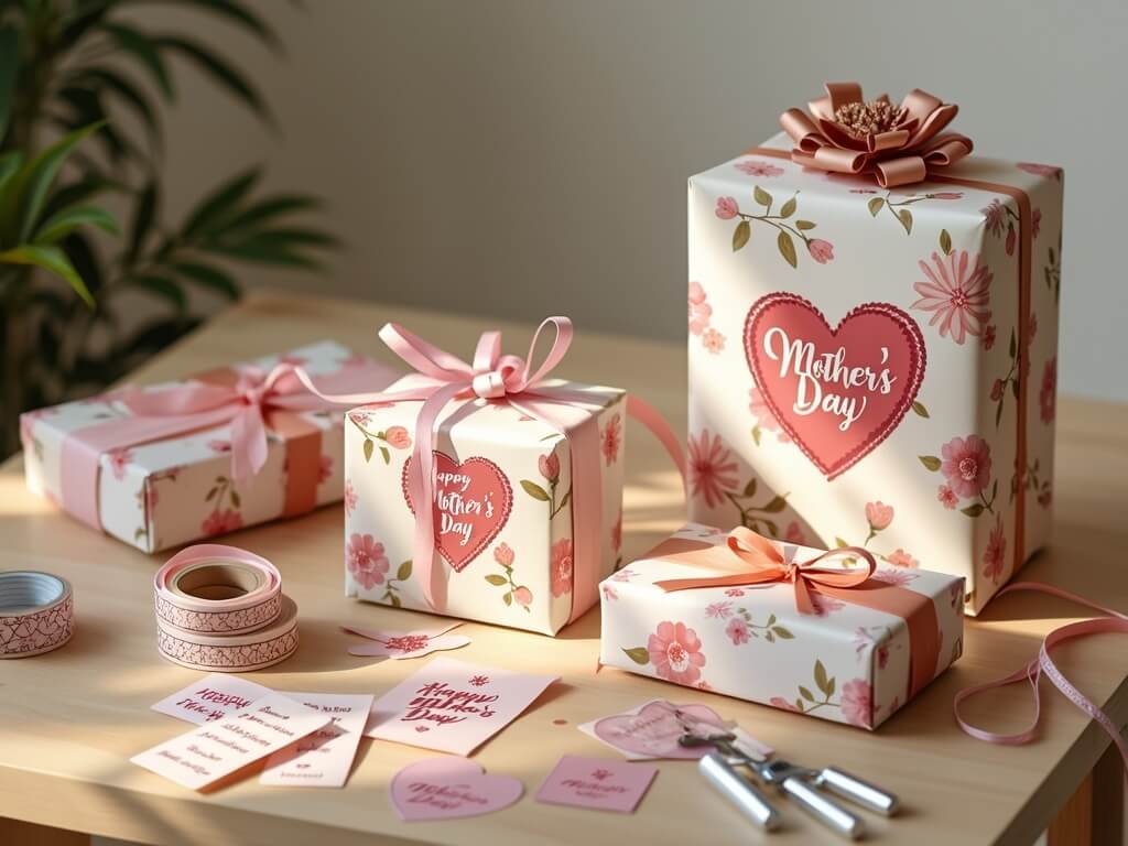 Mother's Day gift boxes with floral wrapping and stickers on a wooden table, with scattered stickers and ribbons.