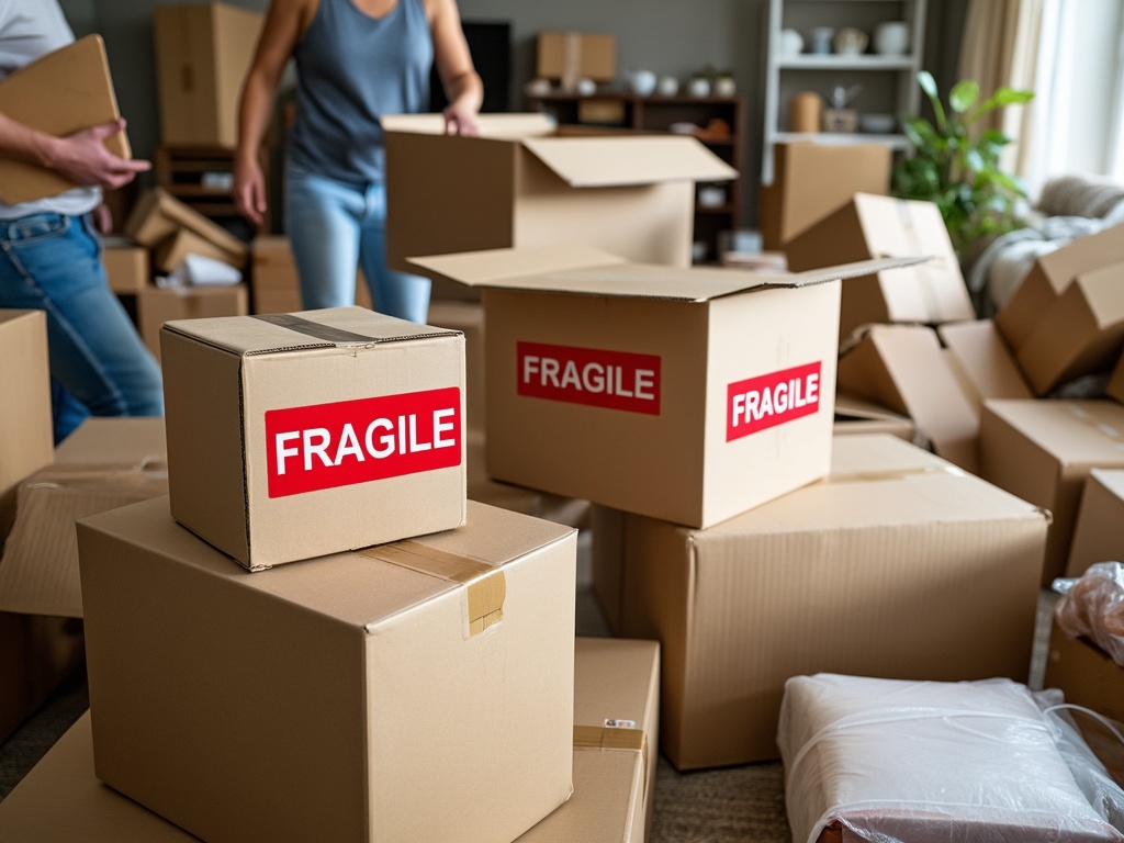 Cardboard boxes in a living room, with one marked with a red 