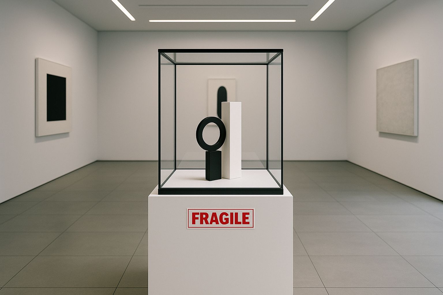 A modern sculpture in a glass case on a white pedestal with a small "Fragile" sticker.