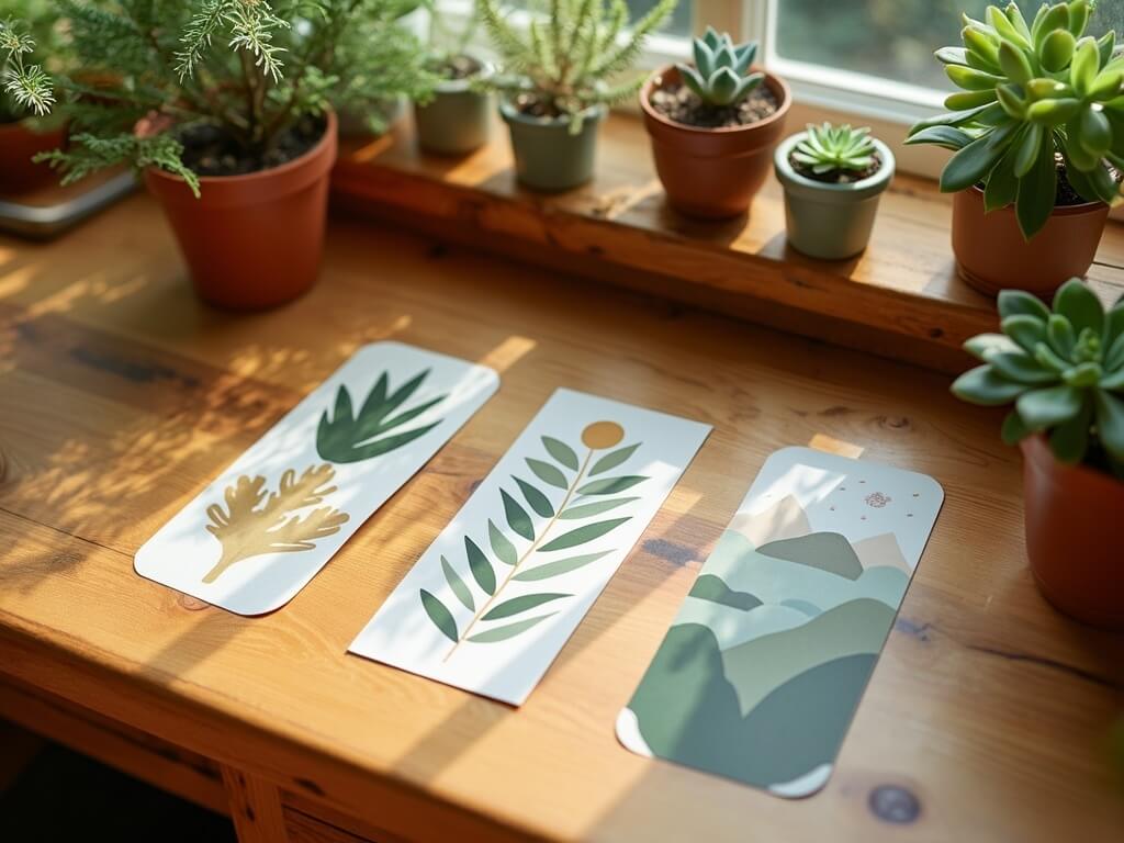 Three rectangular stickers with nature designs on a wooden table, surrounded by potted plants and sunlight.