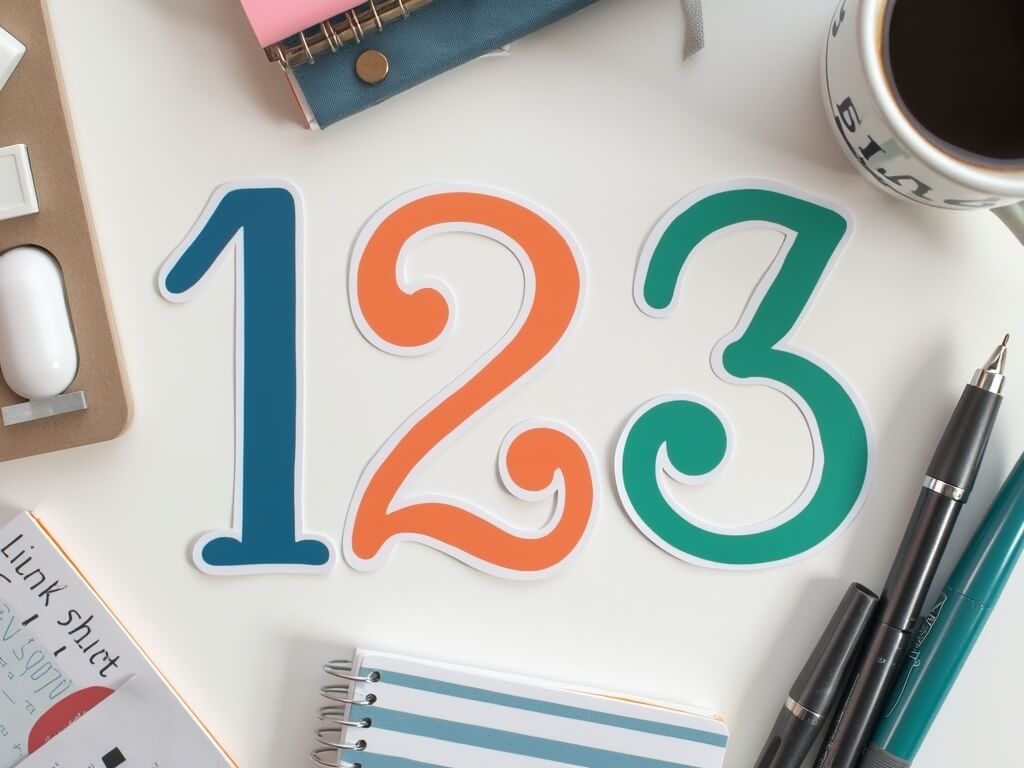 Three colorful number stickers with digits 1, 2, and 3 in decorative fonts on a desk surrounded by stationery and a coffee mug.