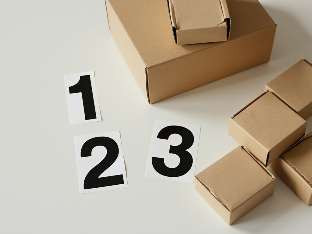 Three number stickers with digits 1, 2, and 3 lying flat on a white table next to plain brown packaging boxes.