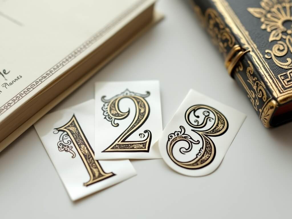 Three ornate number stickers with 1, 2, and 3 in vintage fonts beside an elegant embossed journal.