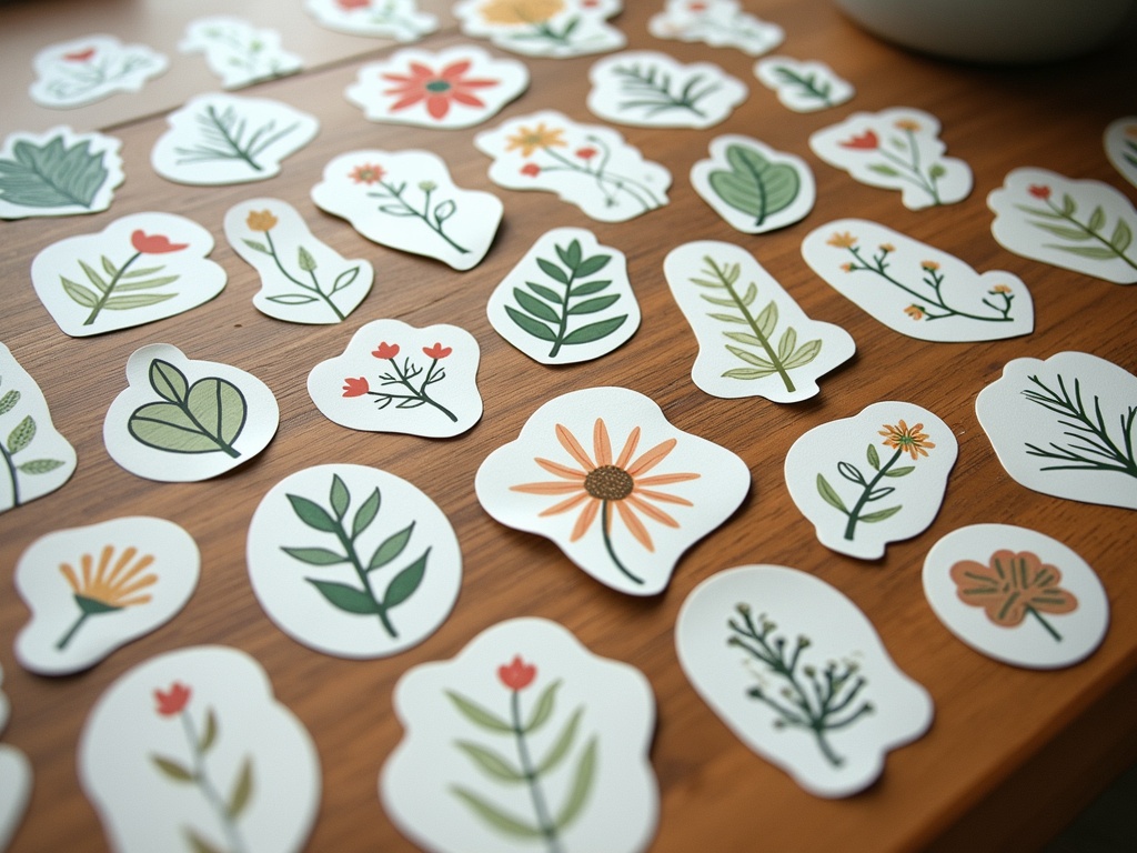 Hand-drawn paper stickers of flowers and plants arranged on a wooden table.