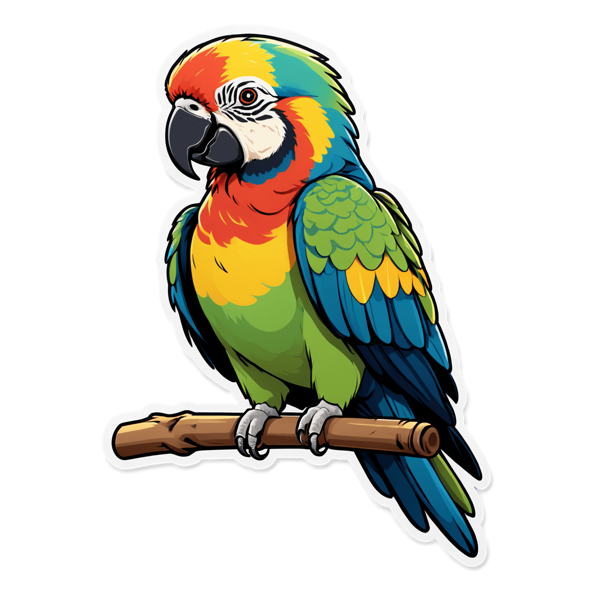 Illustration of a colorful parrot perched on a branch with a die-cut sticker outline.