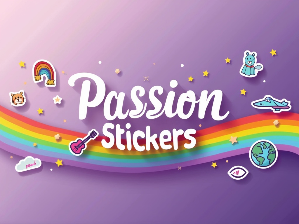 Colorful hobby-themed stickers on a purple gradient background with a rainbow stripe.