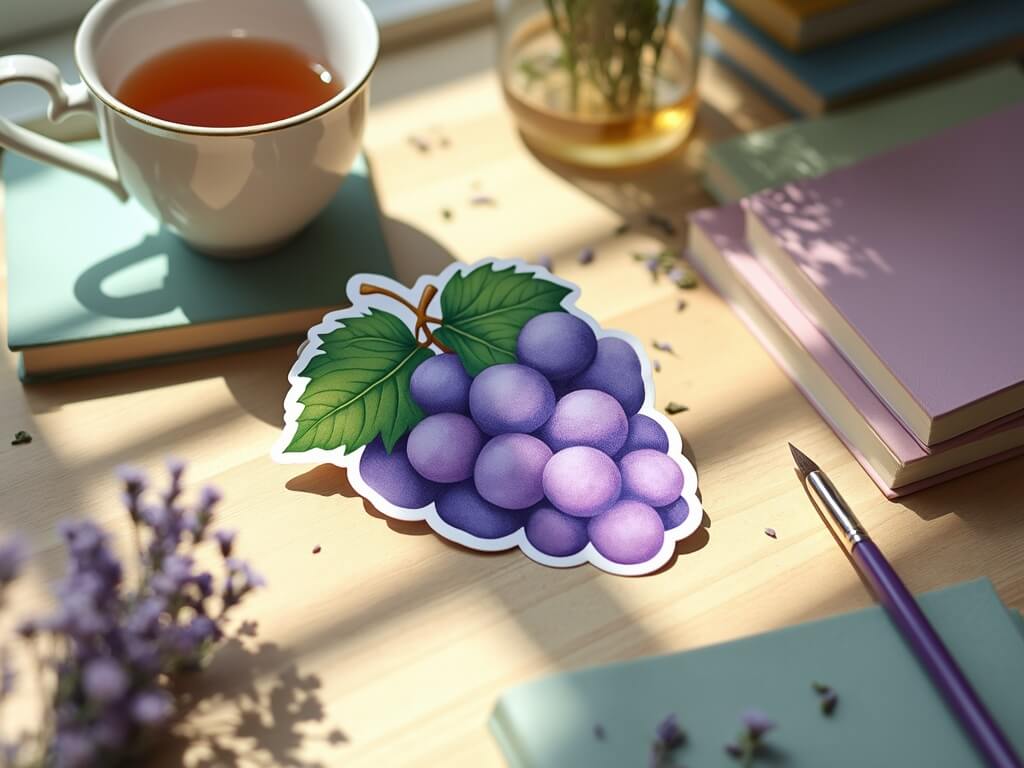 A pastel grape sticker on a wooden desk surrounded by notebooks, tea, and lavender.
