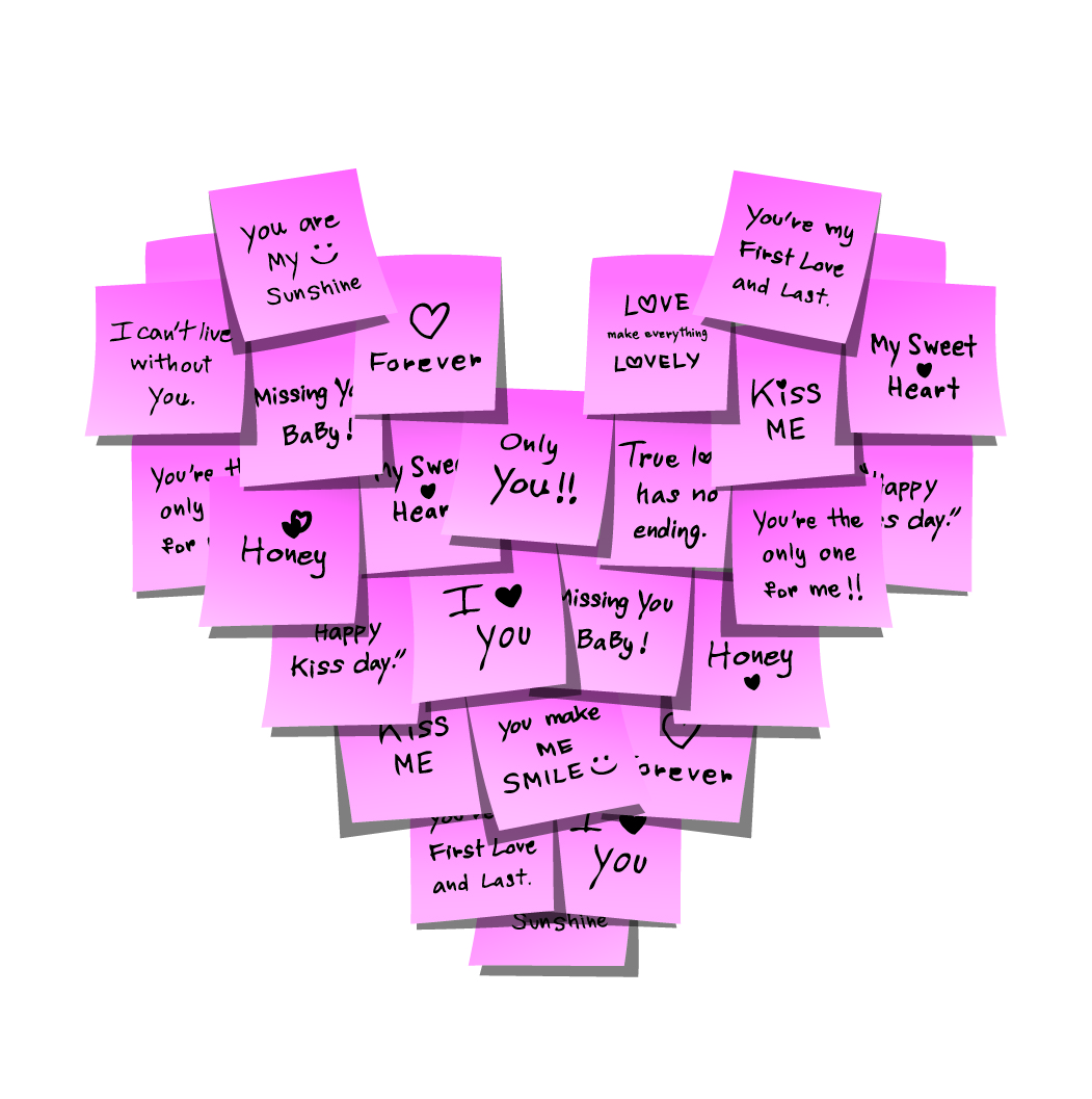 Many pink sticky notes on a white background in the shape of a heart, with words such as “Forever”, “Kiss Me” and “Only You” written on them.