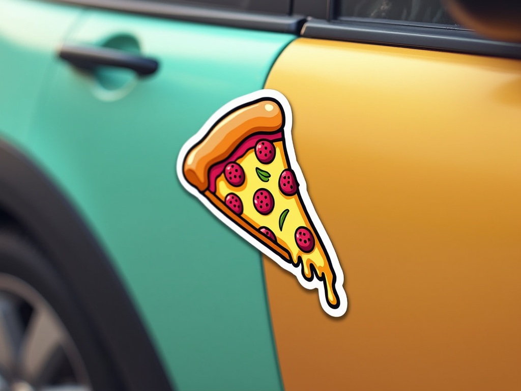 Pizza slice sticker on a colorful car door.