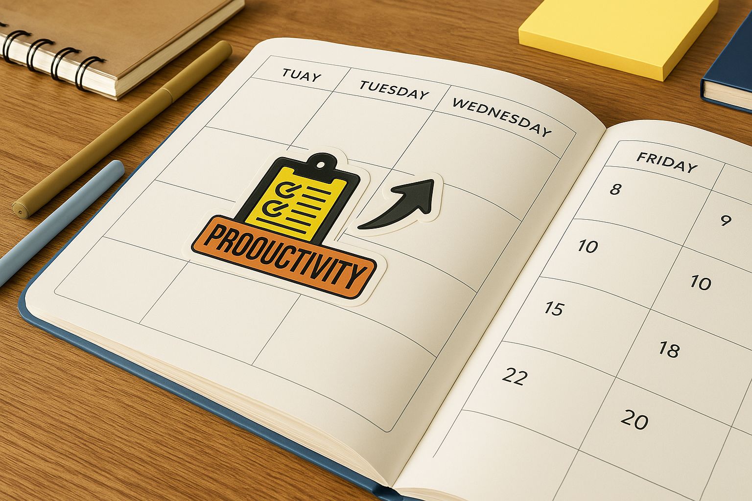 Open planner with a productivity sticker on a wooden desk.
