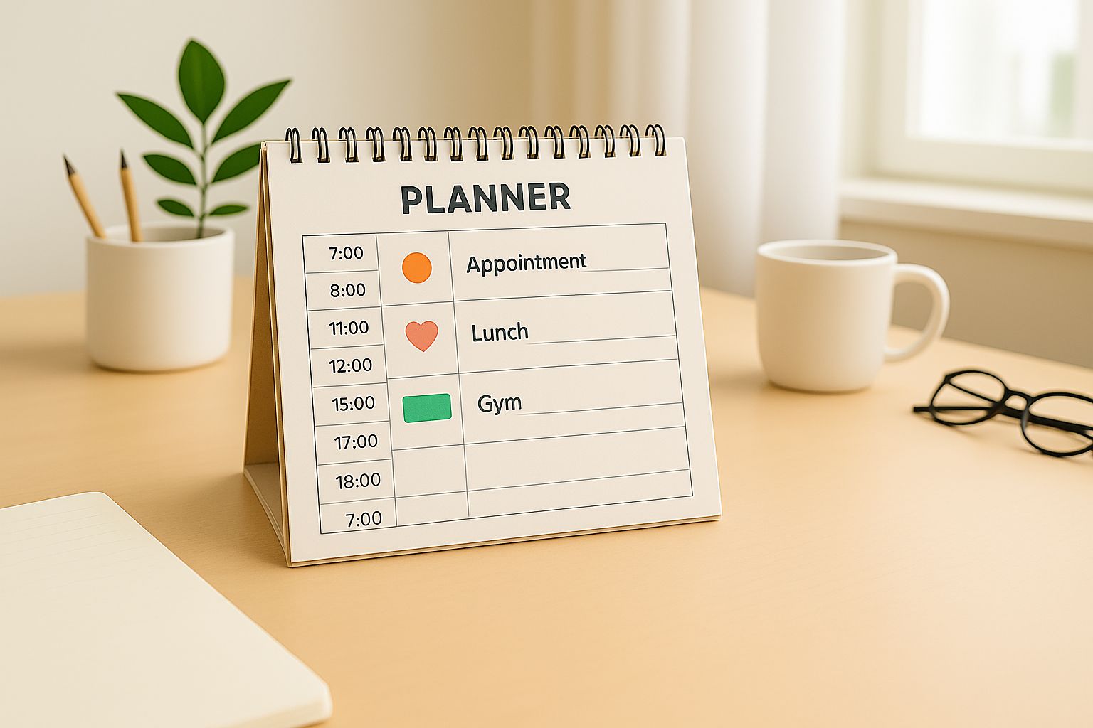 Desk planner showing a daily schedule with events marked.