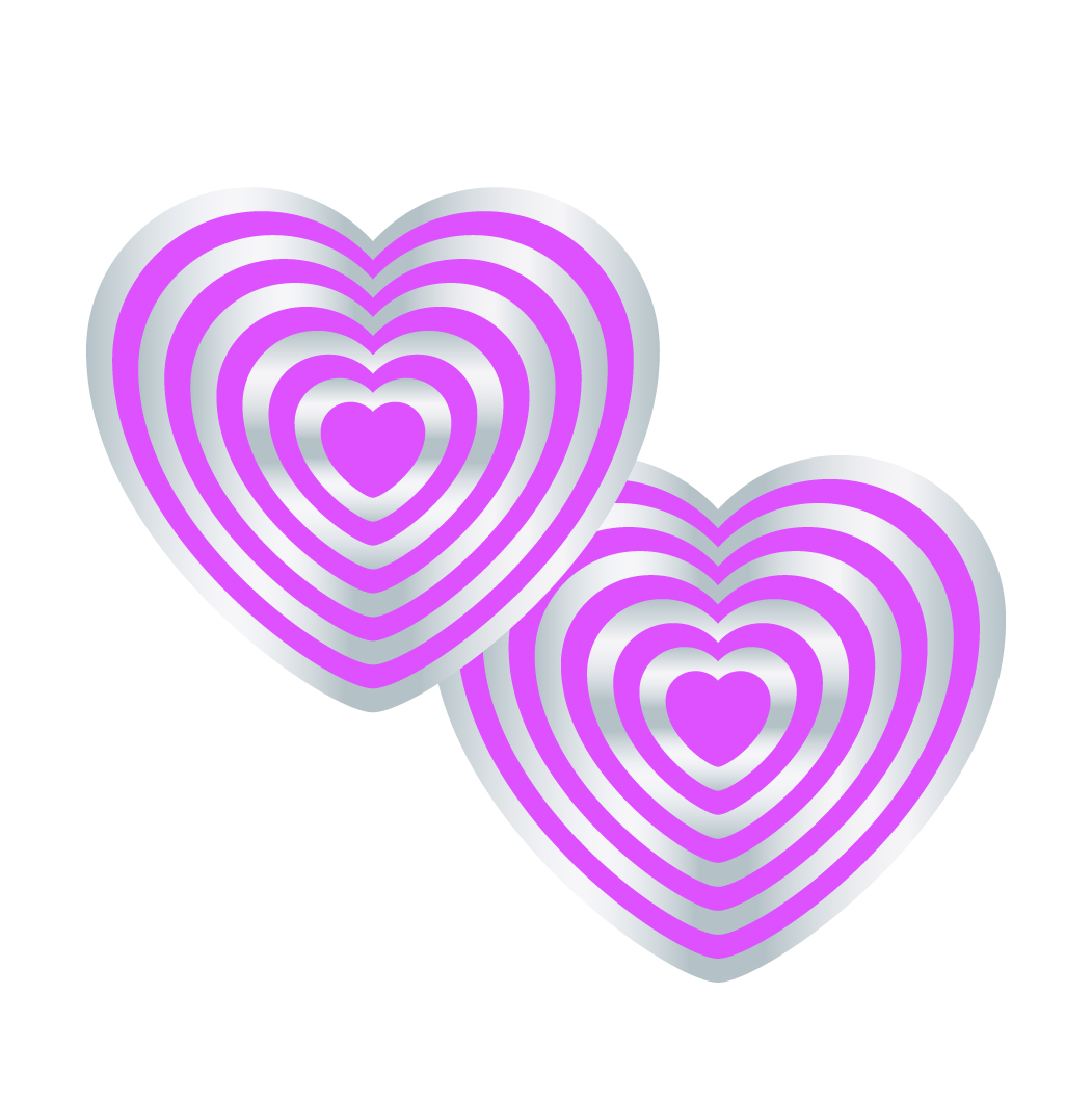 Two overlapping concentric purple heart-shaped designs with silver gradient outlines.
