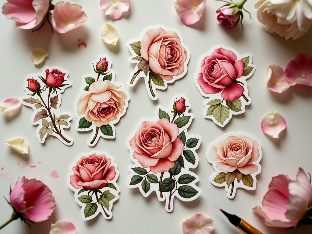 Vintage rose stickers on a white surface with scattered pink petals and flowers.
