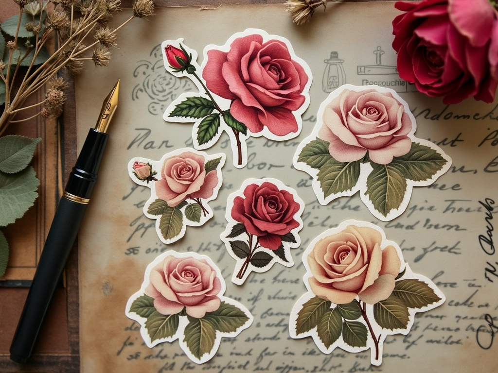 Vintage rose stickers arranged on aged paper with a fountain pen and dried flowers.