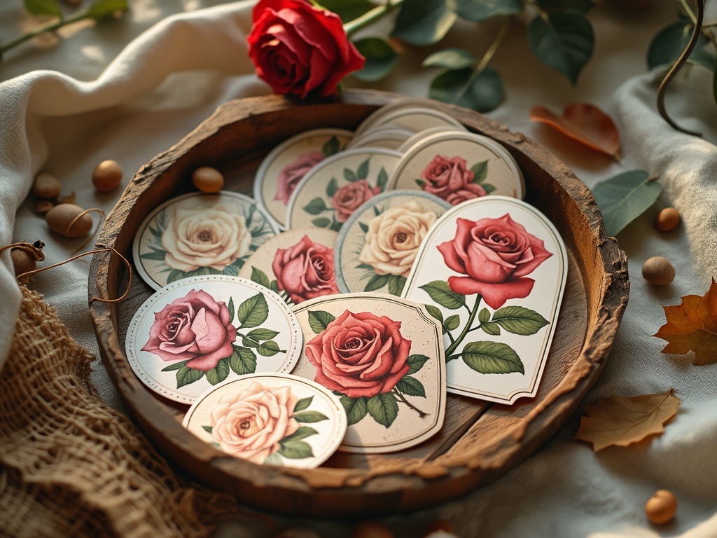 Vintage rose stickers arranged in a wooden tray with natural decor.