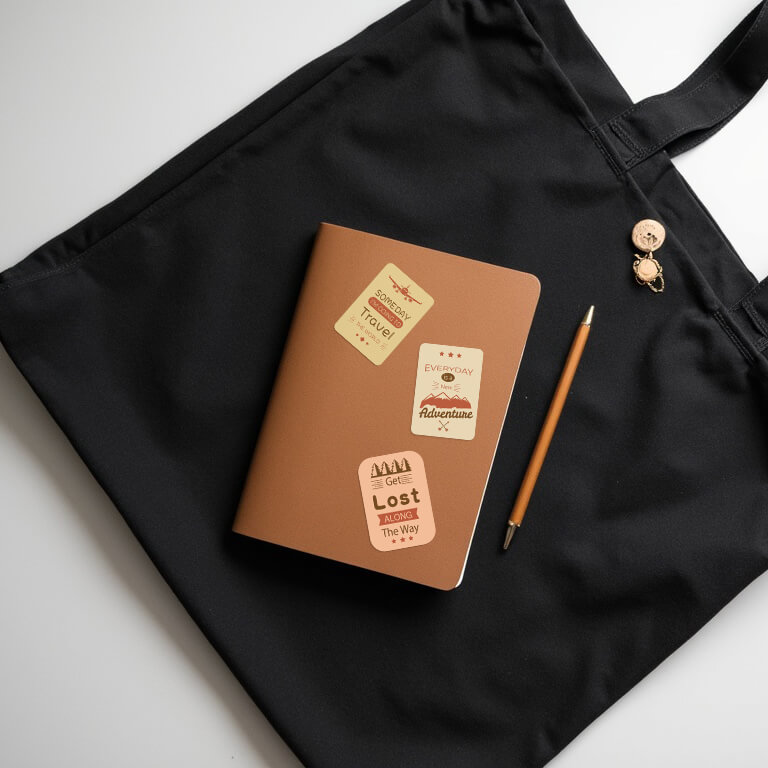 Notebook with motivational travel stickers on a black tote bag.