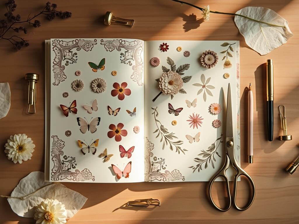 Open scrapbook with die-cut butterfly and flower stickers, surrounded by scissors and stationery on a wooden table.