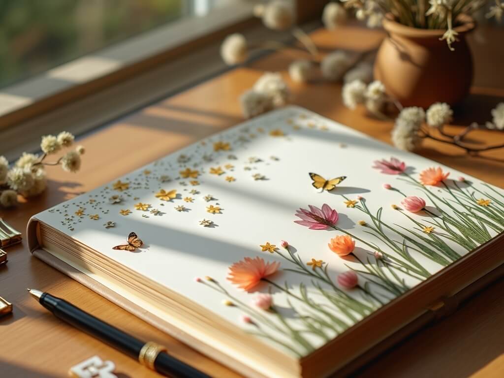 Scrapbook with flower and butterfly stickers on a wooden table.