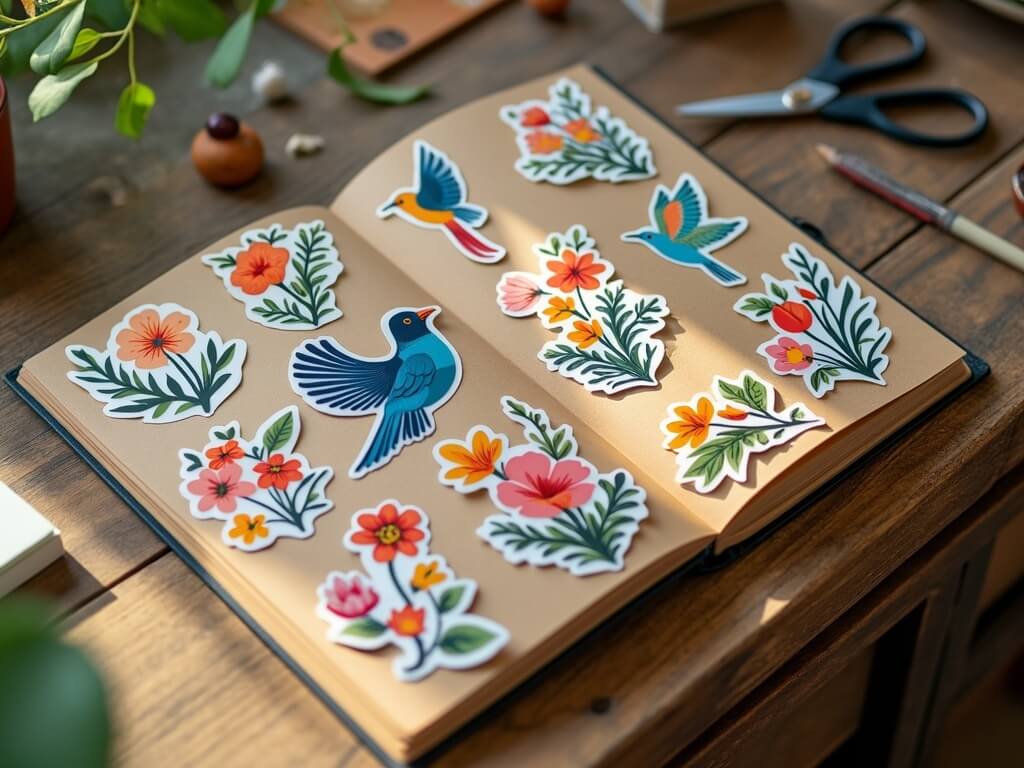 Open kraft notebook with colorful die-cut bird and flower stickers neatly arranged on the pages.