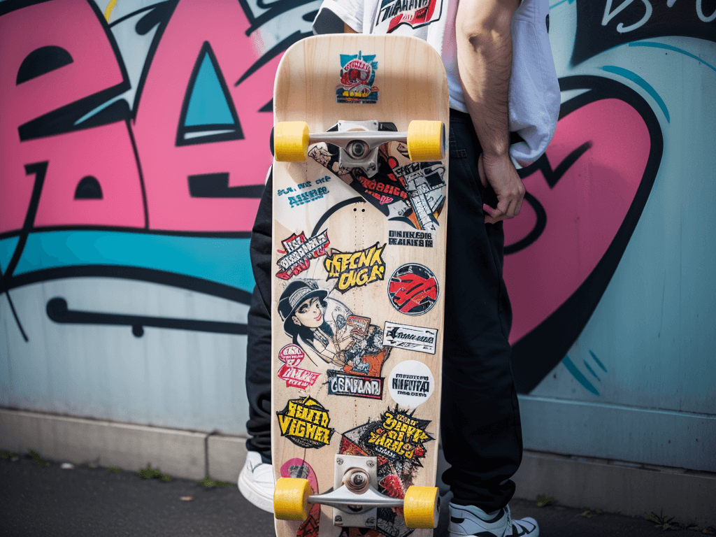 A person holding a skateboard decorated with vibrant stickers, standing in front of graffiti art.