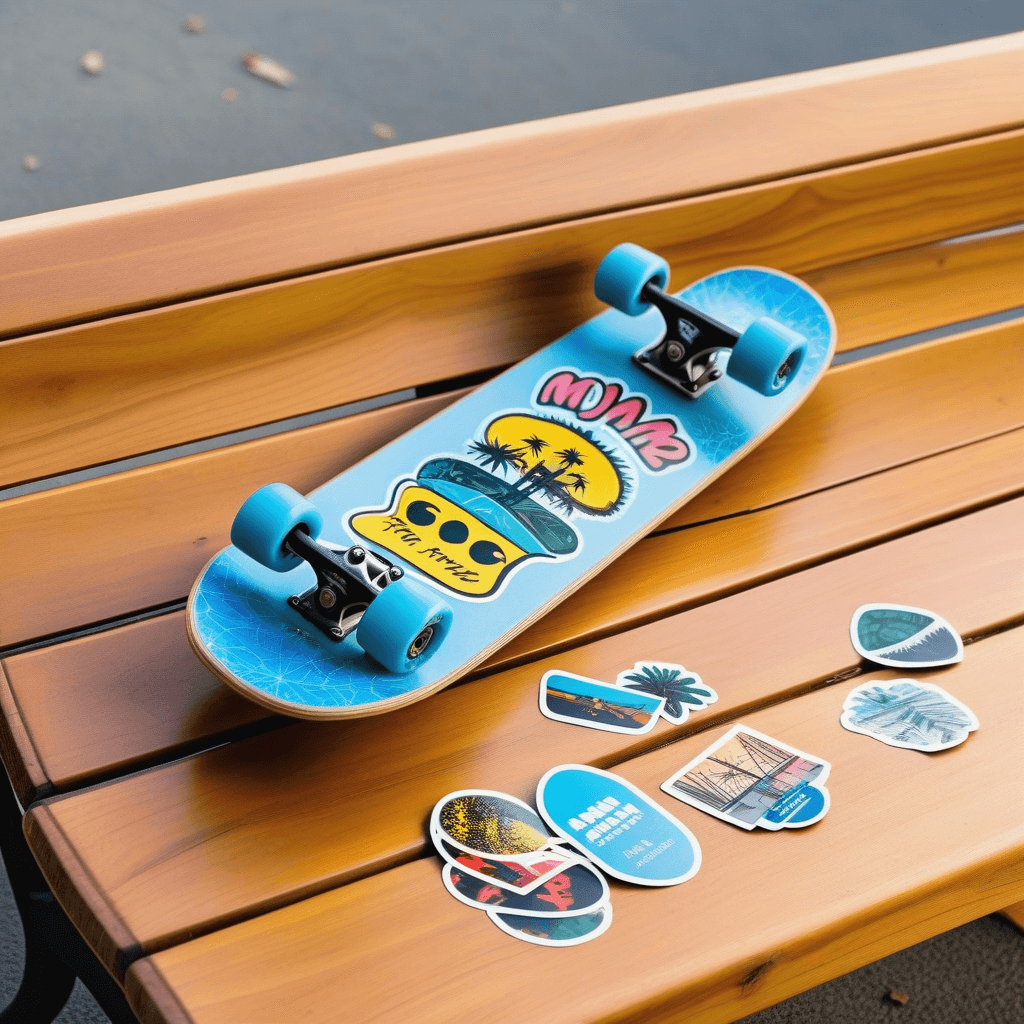 A blue skateboard with tropical-themed stickers placed on a wooden bench, surrounded by extra stickers.