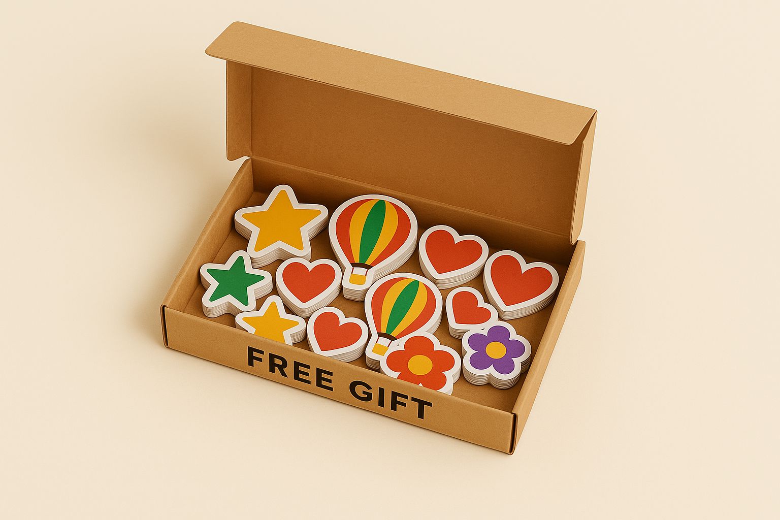 Kraft paper box filled with balloon, star, and heart-shaped stickers.