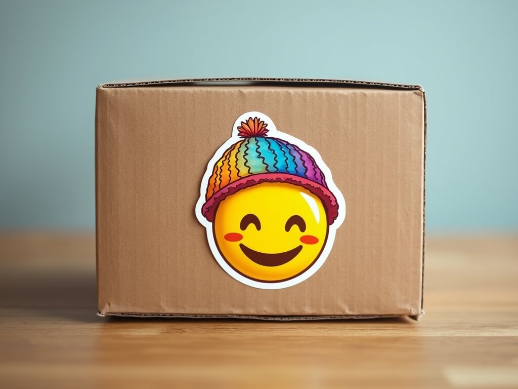 A cardboard box with a smiling emoji sticker wearing a colorful beanie.