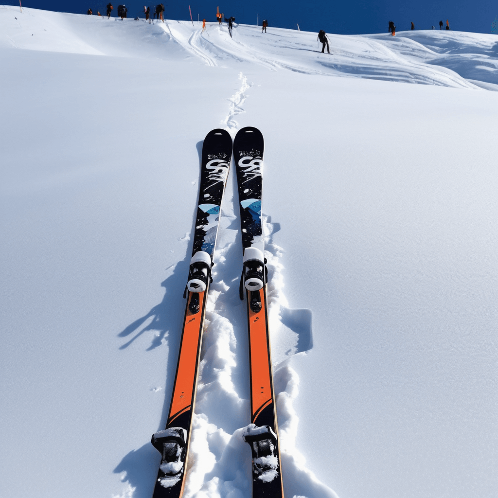 Pair of skis on fresh snow with skiers climbing a slope in the background.
