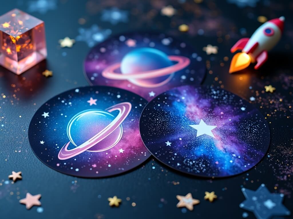 Three space-themed stickers with planets and stars on a dark surface, surrounded by small star decorations and a toy rocket.